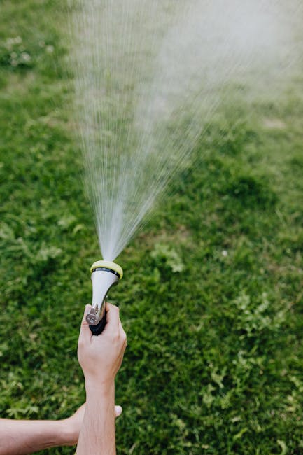 A person's hand is visible holding a garden hose fitted with a spray nozzle, watering a lush, green lawn on a sunny day. The water stream creates a misty spray over the grass, which is uniformly cut w